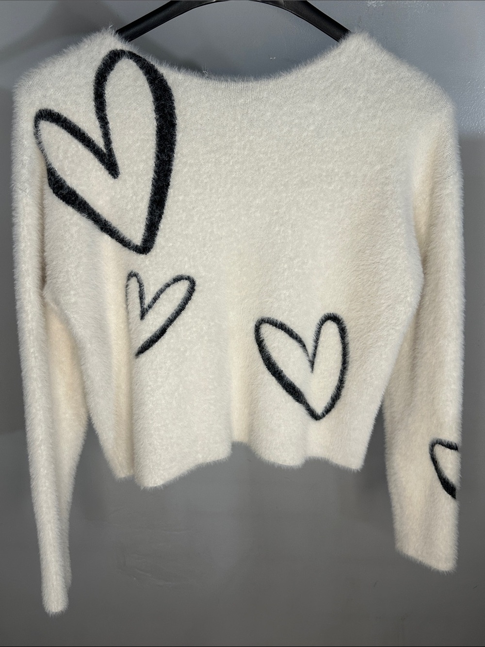 Rachel Zoe Ivory Fuzzy Crewneck Sweater with Black Heart Motif
